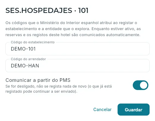 Os códigos do SES.HOSPEDAJES do hotel 101 (na demo, inventados).