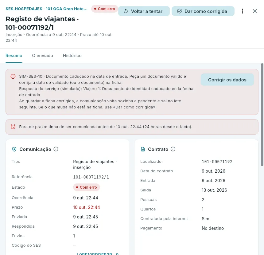 Um registo de viajantes rejeitado por um documento caducado.