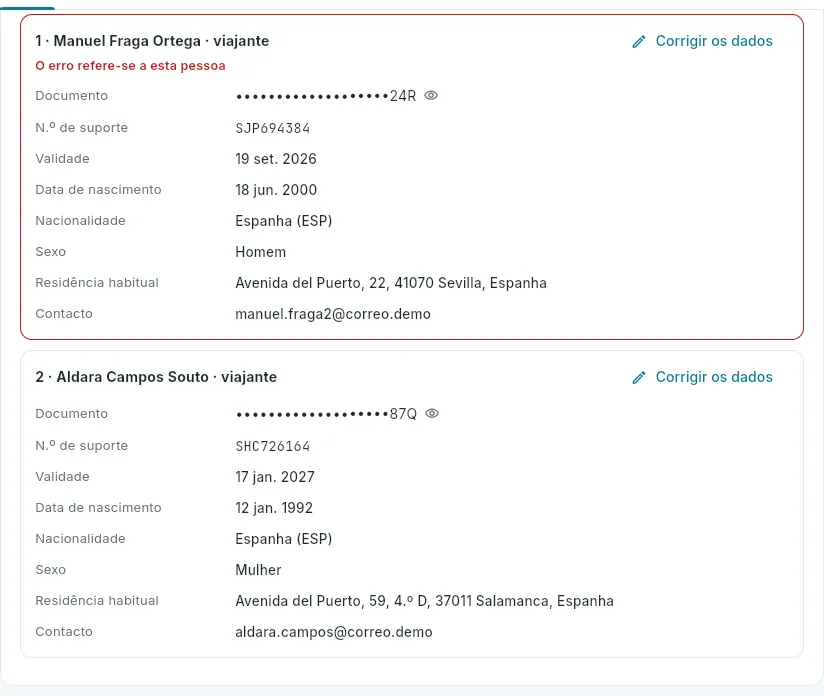 As pessoas do registo de viajantes, com a do erro assinalada.