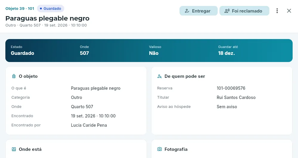 A ficha de um objeto guardado.