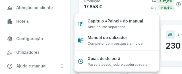 O menu «Ajuda e manual» no rodapé da barra lateral.