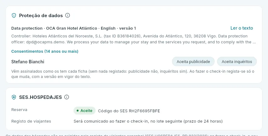 O check-in de uma reserva já comunicada ao SES.HOSPEDAJES.