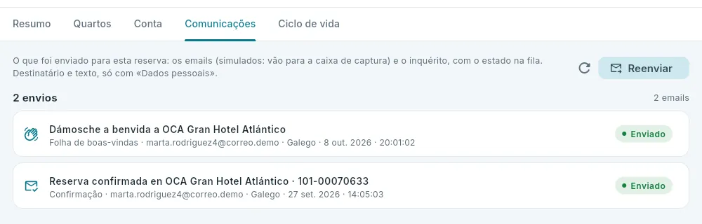 O que foi enviado a uma reserva alojada.