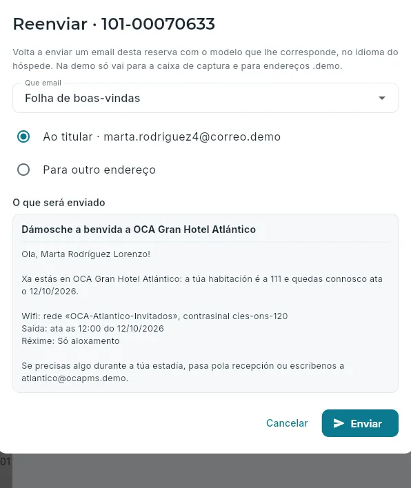 Reenviar um email da reserva.