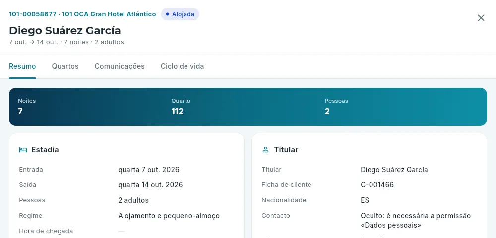 A mesma reserva vista pela governanta (aberta a partir do mapa de quartos): sem montantes, sem contacto e sem botões.