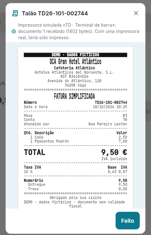 Um talão emitido sem ligação: o número é dado pelo terminal.