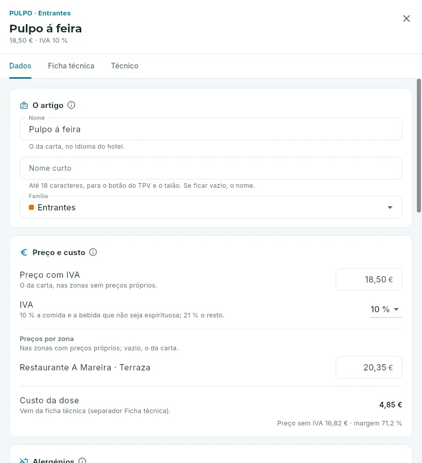 A ficha de um prato: os dados, o preço e o custo.