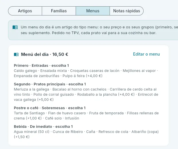 O menu do dia.