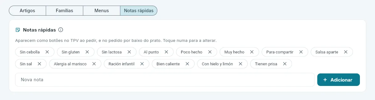 As notas rápidas dos pedidos.