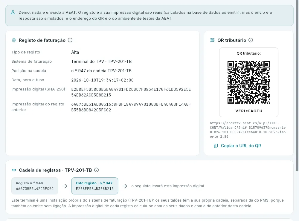 O seu registo Verifactu, na cadeia do seu terminal.